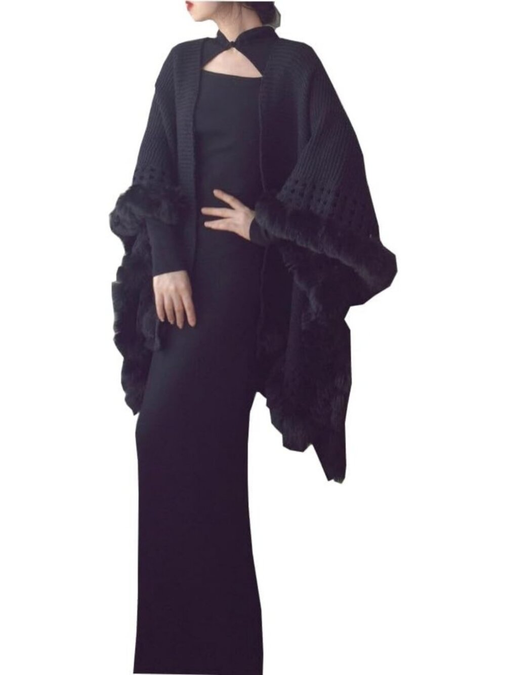 Chic Women's Knitted Faux Fur Coat Wrap Shawl Cape for Prom Party Outwear